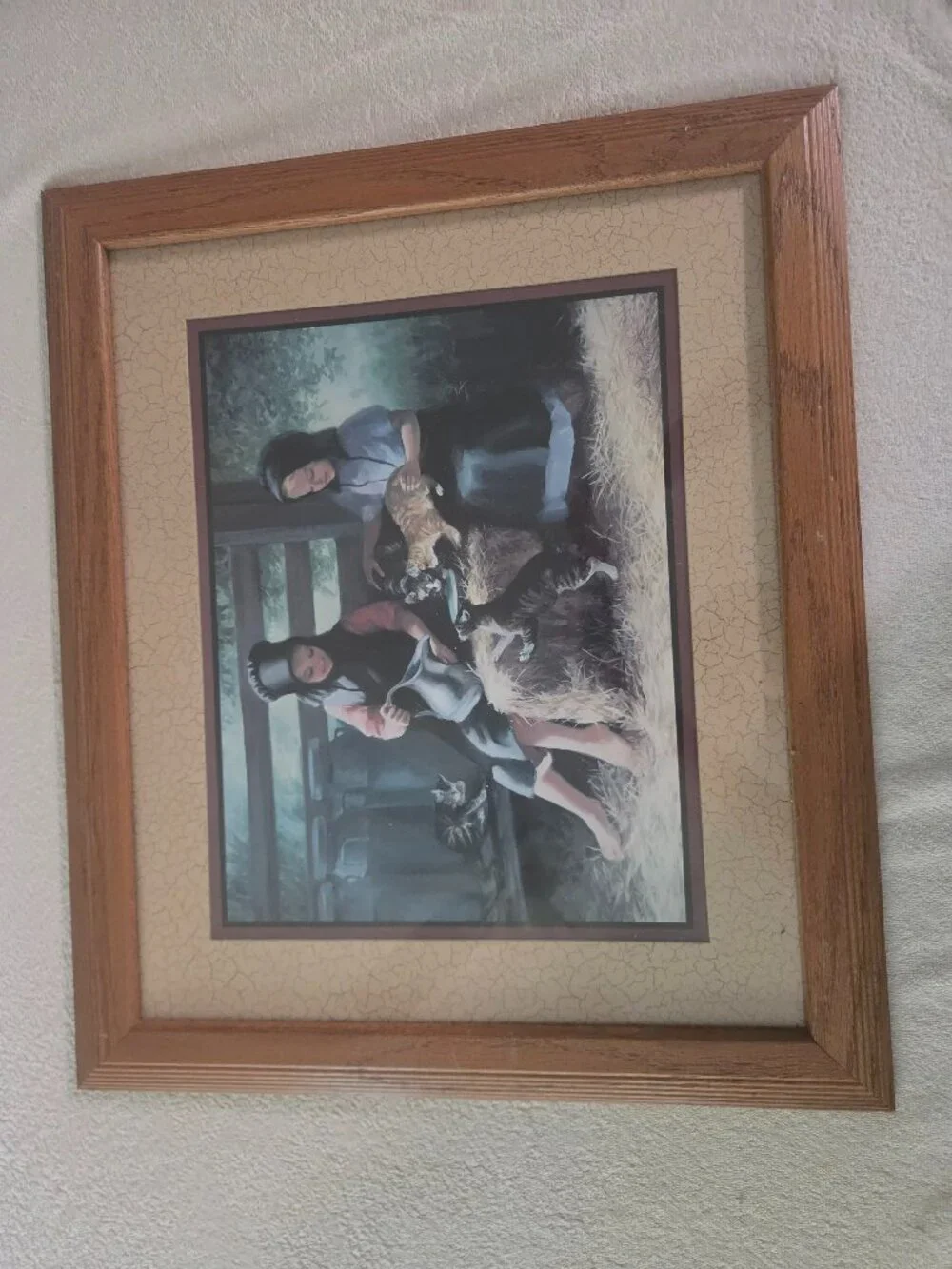 SHARING WITH A FRIEND FRAMED ART 2 GIRLS FEEDING KITTENS ARTIST SIGNED